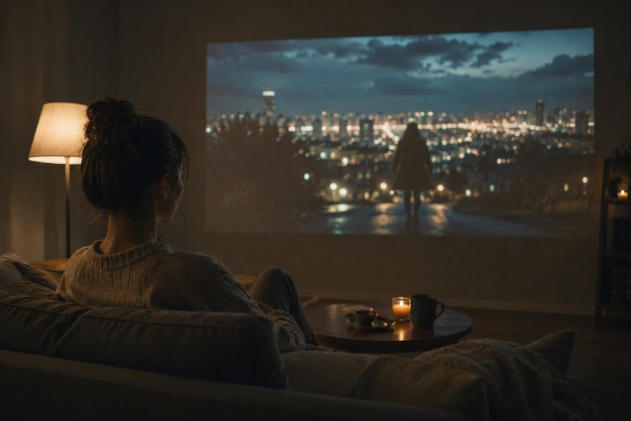 静かな部屋で映画の余韻に浸りながら映像を見つめる人物の落ち着いたシーン