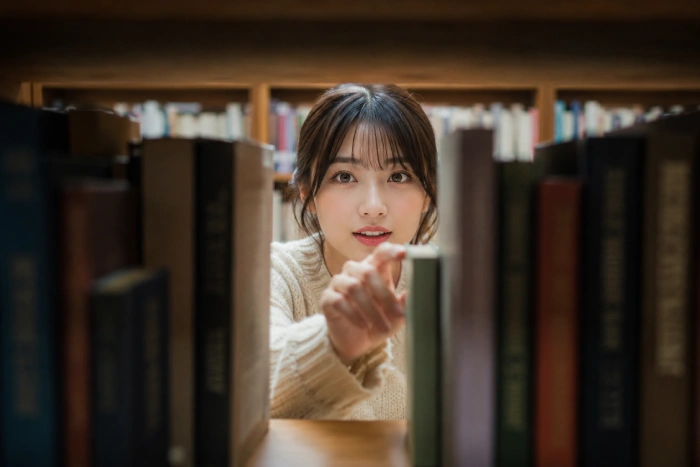 本棚の隙間から本を選びながら静かに微笑む知的な女性の落ち着いた図書館シーン