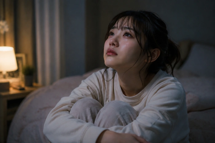 ベッドの上で静かに涙を流しながら感情を噛みしめる女性の切ない夜のシーン