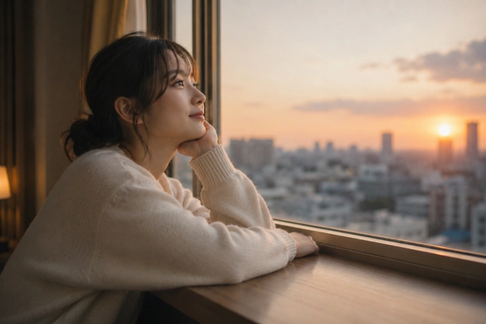 夕暮れの景色を眺めながら静かに前を向く女性の穏やかな日常シーン