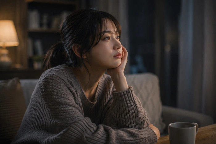静かな部屋で物思いにふけりながら感情を噛みしめる女性の落ち着いた夜のシーン