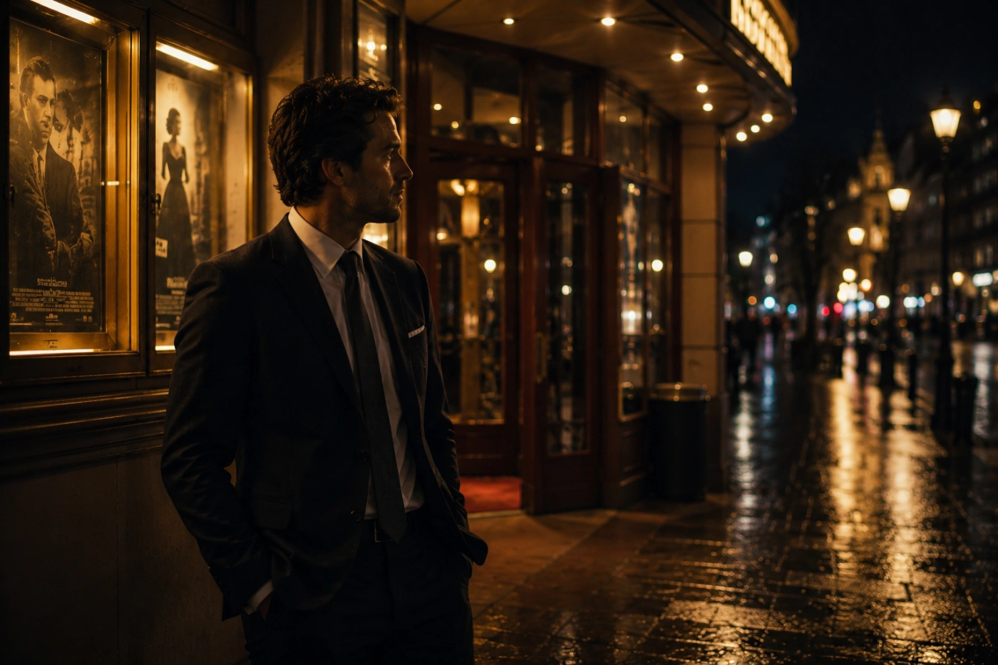 雨上がりの夜の映画館前で静かにたたずむスーツ姿の男性と落ち着いた街並み」