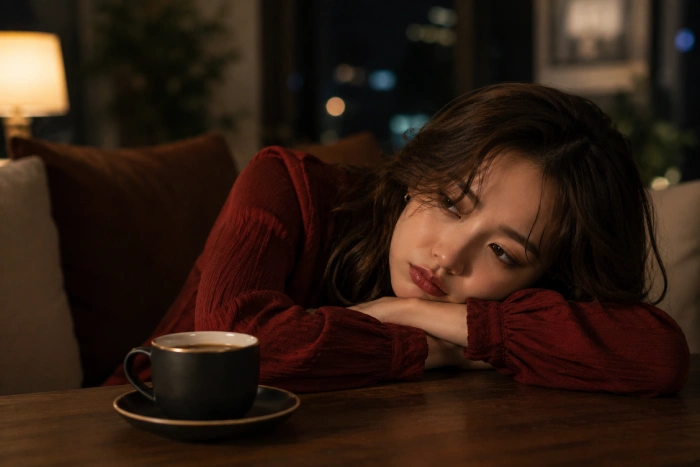 コーヒーカップを前に静かな部屋で退屈そうに頬を乗せる大人の女性