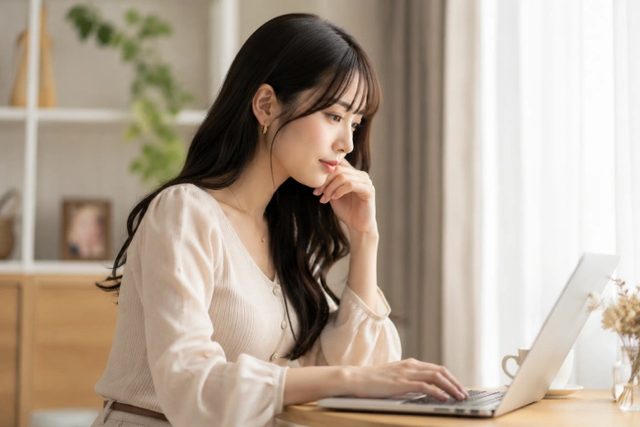 ノートパソコンを使いながら静かに情報を検索する黒髪ロングの女性