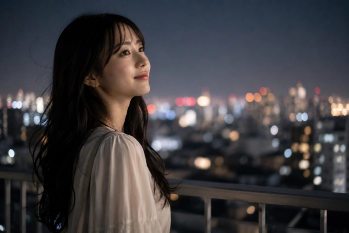 夜景を眺めながら穏やかな表情で夜風を感じる黒髪ロングの女性
