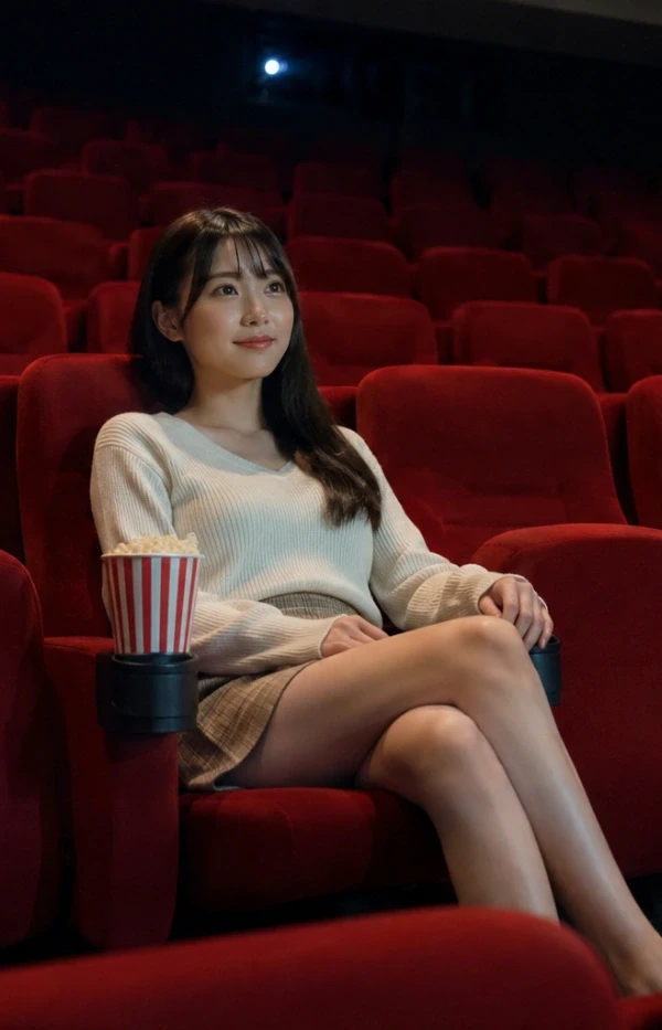 赤い座席の静かな映画館で、一人で映画を見ながら穏やかに過ごす若い女性