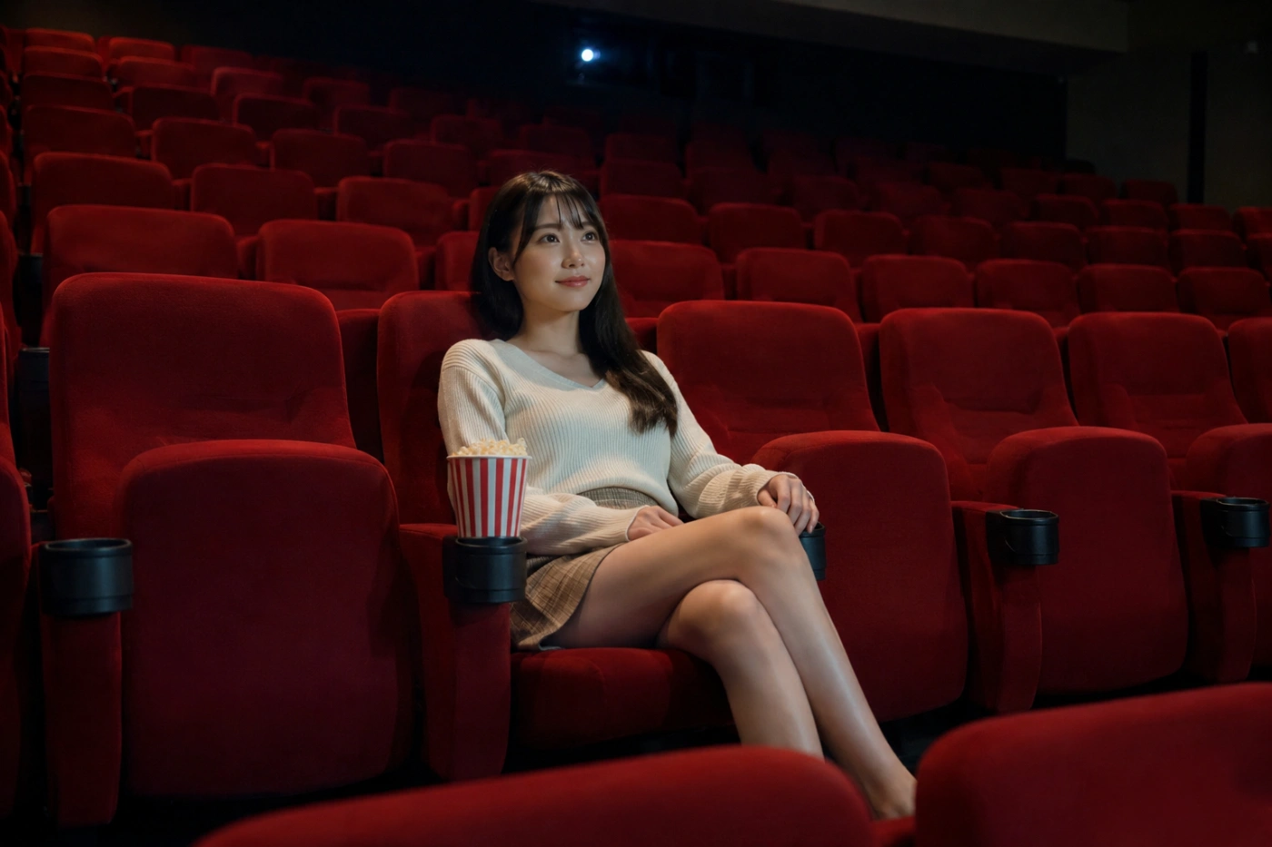赤い座席の静かな映画館で、一人で映画を見ながら穏やかに過ごす若い女性