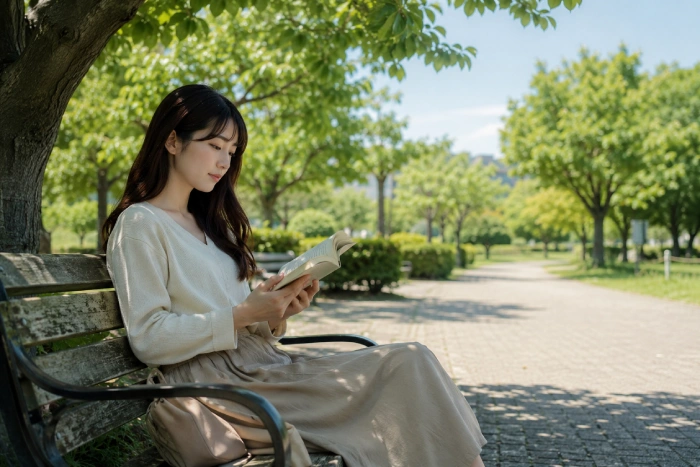 晴れた日に公園のベンチで静かに読書をする女性の穏やかな日常風景