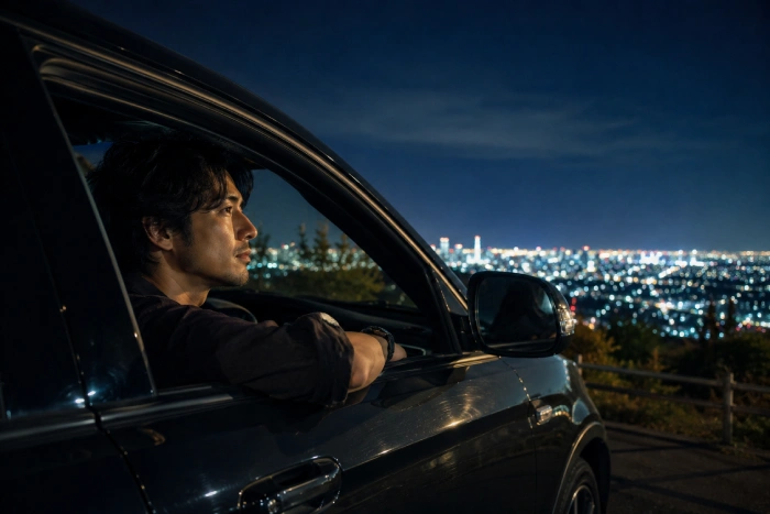 夜景を眺めながら車の中で静かに過ごす男性の落ち着いた夜の風景