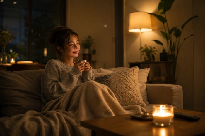 暖かい部屋で静かにくつろぎながら穏やかな時間を過ごす女性の夜の風景