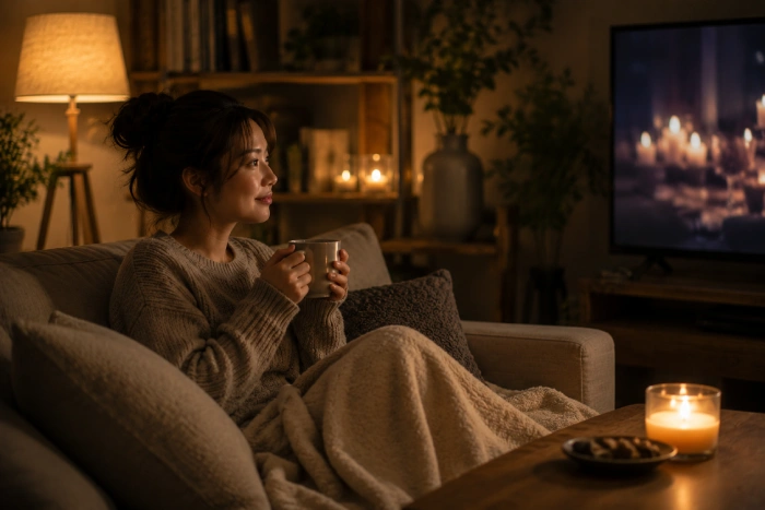 静かな夜の部屋で映画を見ながら穏やかな時間を過ごす落ち着いた暮らしの風景
