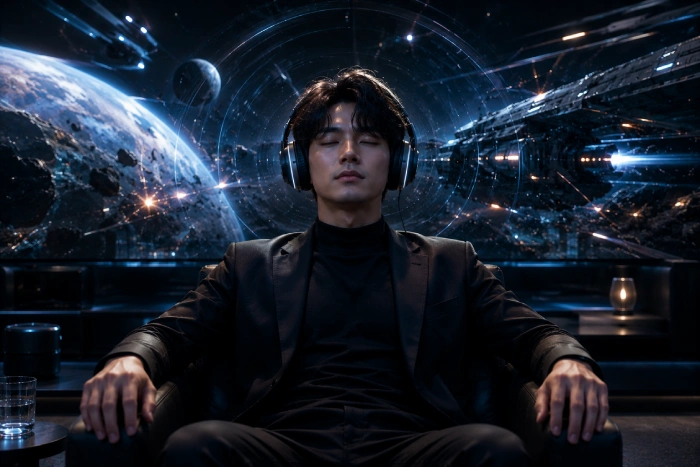 未来的なヘッドフォンを装着した男性が、映画の世界に没入している近未来ホームシアター空間