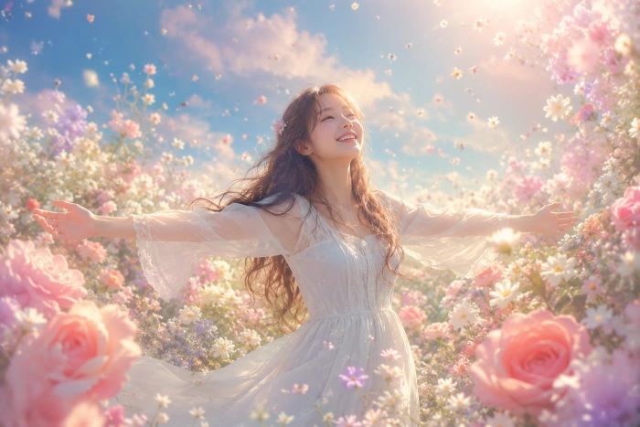 美しい花々に囲まれた幻想的な空間で、心地よい香りに包まれながら幸せそうに微笑む女性