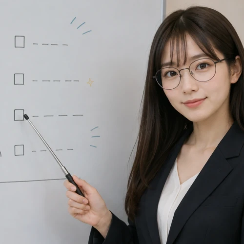 アマプラ映画の選び方と見極め方をホワイトボードで解説するメガネ姿の美しい女性教師
