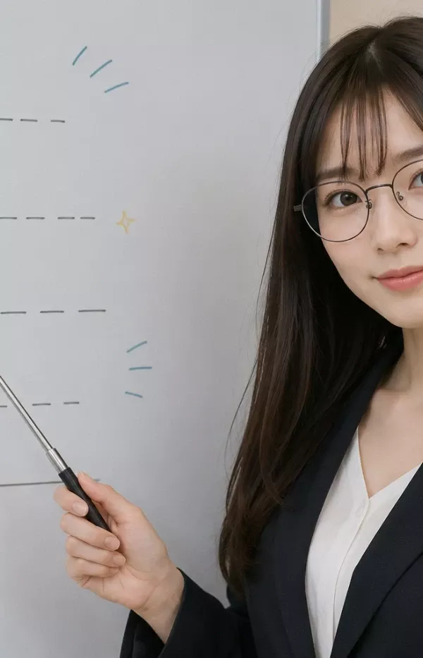 アマプラ映画の選び方と見極め方をホワイトボードで解説するメガネ姿の美しい女性教師