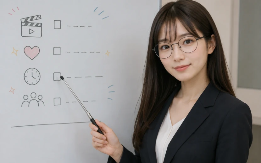 アマプラ映画の選び方と見極め方をホワイトボードで解説するメガネ姿の美しい女性教師