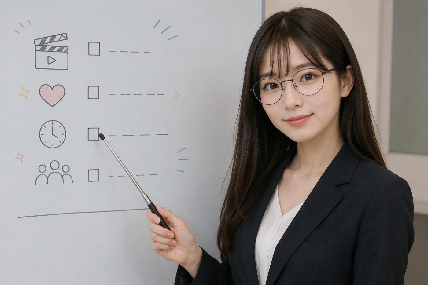 アマプラ映画の選び方と見極め方をホワイトボードで解説するメガネ姿の美しい女性教師