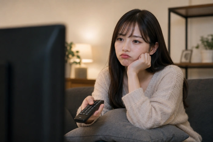 部屋で映画を見ながら期待外れな表情を浮かべる美しい女性