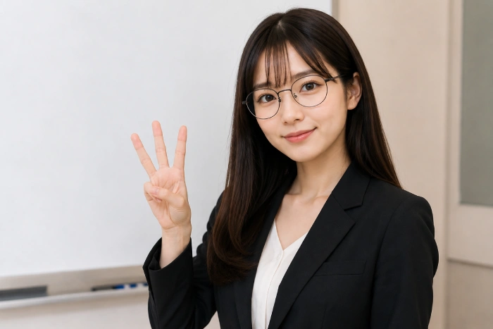 3つのポイントを紹介するメガネ姿の美しい女性教師