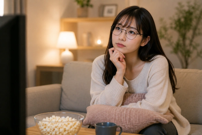 部屋で映画を見ながら自分に合う作品を考えている美しい女性