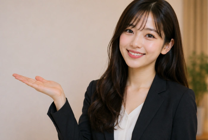 おすすめの作品を紹介するように案内している美しい女性