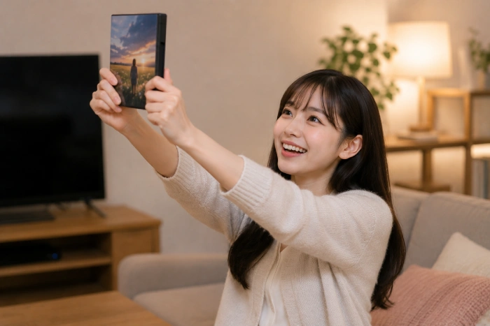 お気に入りの映画を見つけて喜んでいる美しい女性