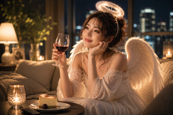 映画を見て心が満たされ微笑む天使の女性