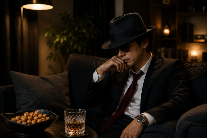 夜の部屋で静かにくつろぎながら気持ちを整えている大人の男性」