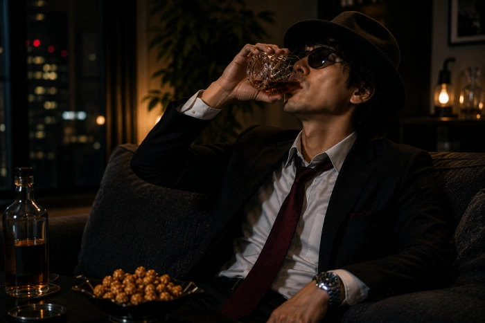 夜の部屋でウイスキーを飲みながら気持ちを落ち着かせている大人の男性