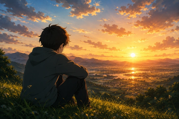 夕焼けを眺めながら静かに気持ちを整理しているアニメの人物