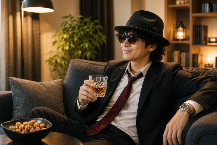 夜の部屋でリラックスしながら穏やかな時間を過ごしている大人の男性