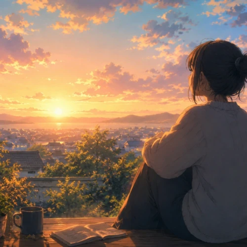 夕焼けを眺めながら静かに癒される時間を過ごす大人の女性を描いた、アマプラの癒されるアニメをイメージした幻想的な風景