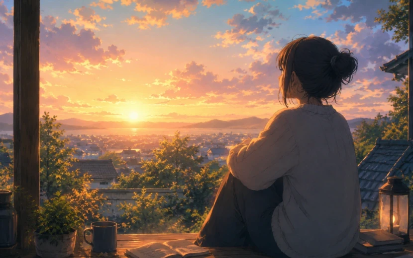 夕焼けを眺めながら静かに癒される時間を過ごす大人の女性を描いた、アマプラの癒されるアニメをイメージした幻想的な風景