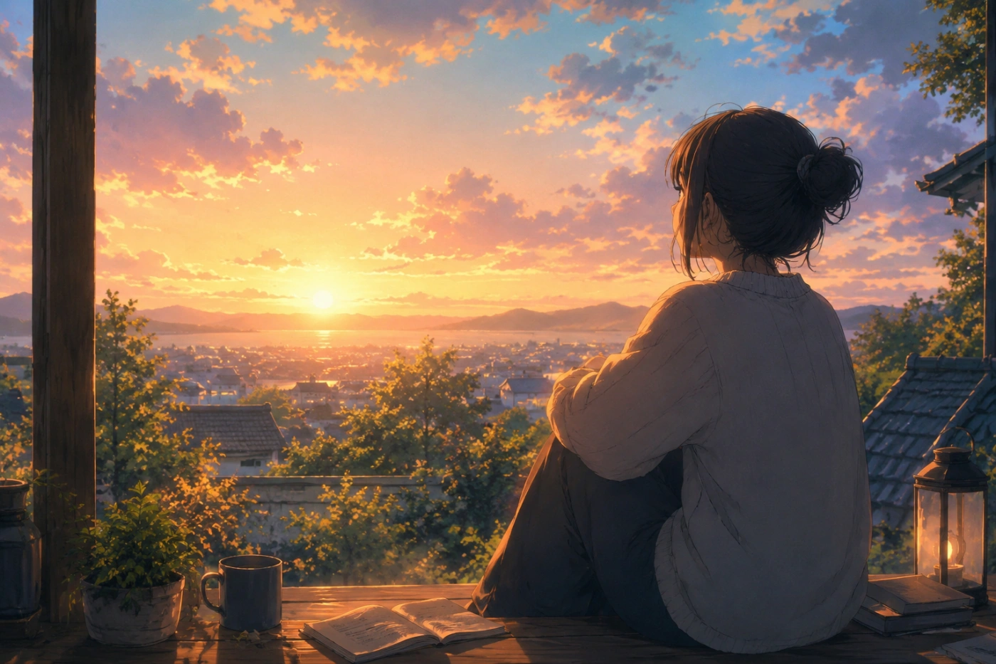 夕焼けを眺めながら静かに癒される時間を過ごす大人の女性を描いた、アマプラの癒されるアニメをイメージした幻想的な風景
