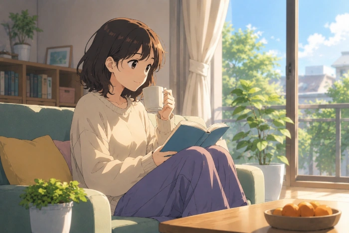 穏やかな日常の時間を過ごす人物を描いた、癒し系の日常アニメをイメージしたオリジナルイラスト