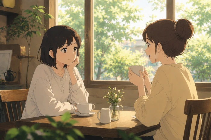 穏やかな会話を楽しむ人物たちを描いた、優しい空気感の日常アニメをイメージしたオリジナルイラスト」