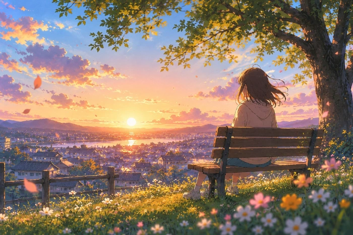 夕暮れの景色を静かに見つめる人物を描いた、余韻のある日常アニメ風オリジナルイラスト