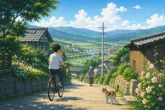 穏やかな田舎町の日常風景を描いた、癒し系アニメをイメージしたオリジナルイラスト