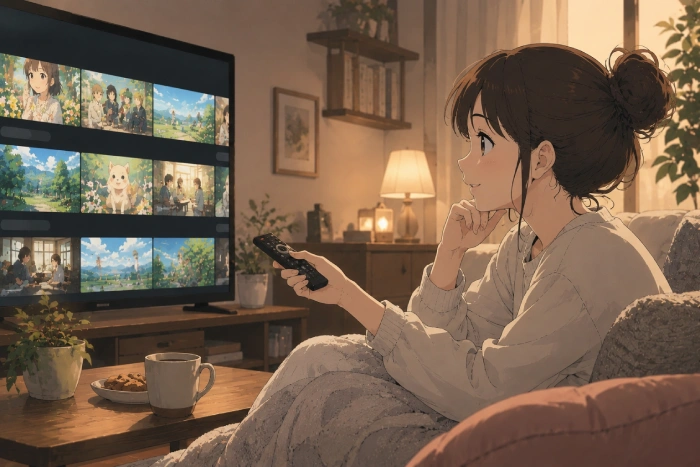動画配信サービスで癒し系アニメを探している人物を描いたオリジナルアニメ風イラスト