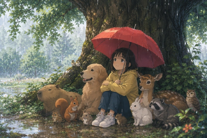 雨宿りをする人物と動物たちを描いた、優しい空気感の癒し系アニメ風オリジナルイラスト