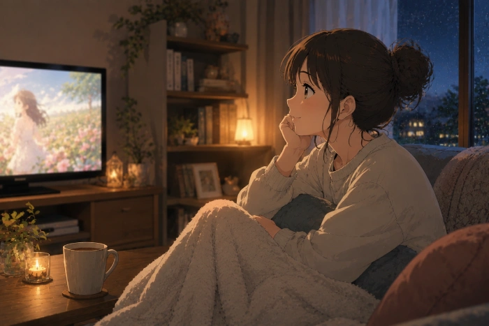 アニメを見終えたあとに静かな夜の時間を過ごす人物を描いた、癒し系アニメ風オリジナルイラスト