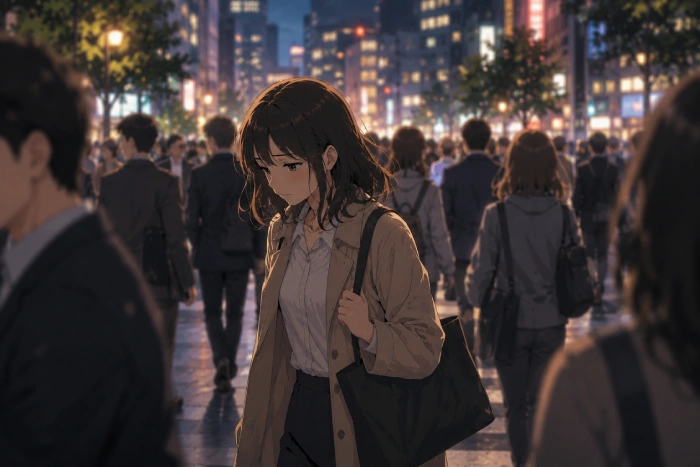 都会の人混みの中を疲れた表情で歩く人物を描いた、癒しを求める大人の日常をイメージしたオリジナルアニメ風イラスト