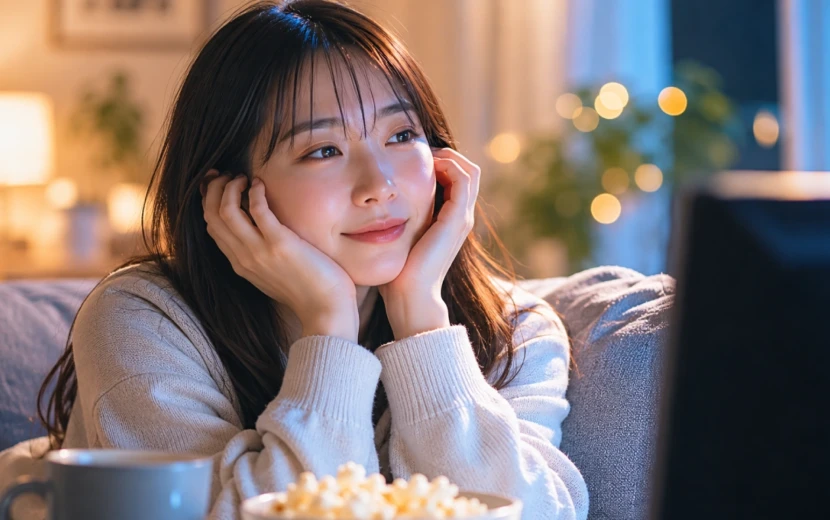夜の部屋でアニメを見ながら頬に手を当て、心が癒やされて穏やかな表情になっている30代女性の静かな時間