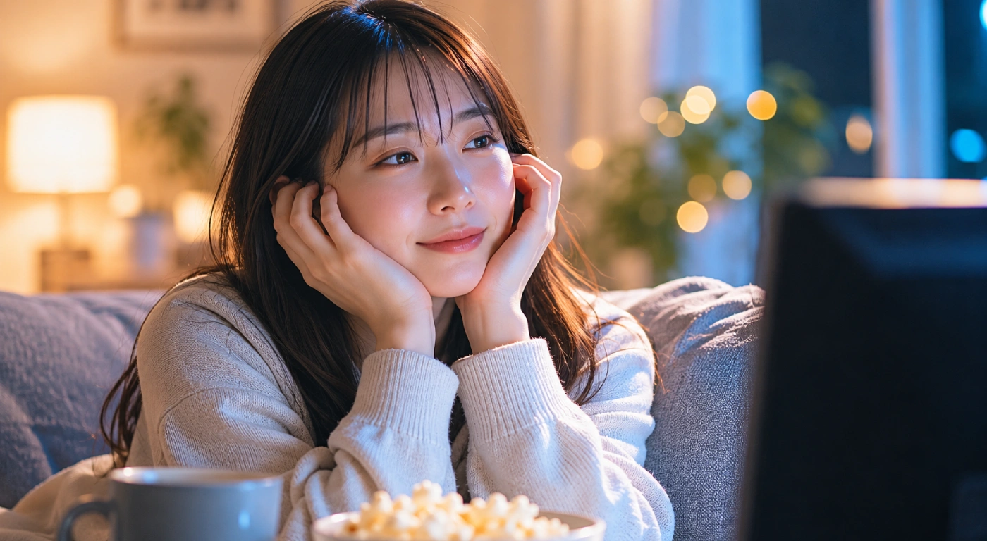 夜の部屋でアニメを見ながら頬に手を当て、心が癒やされて穏やかな表情になっている30代女性の静かな時間