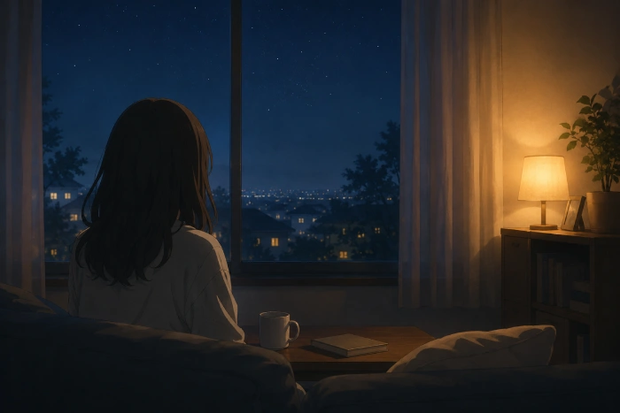 静かな夜の部屋で余韻に浸りながら穏やかな時間を過ごす人物を描いた癒やし系アニメ風イラスト