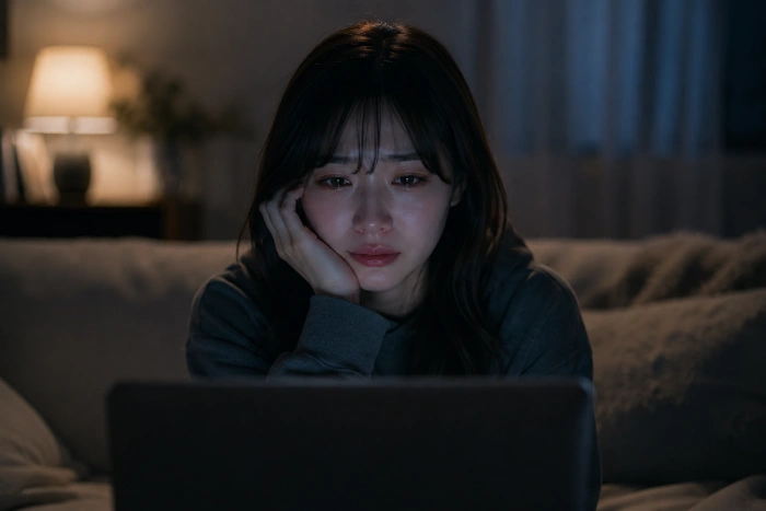 夜の部屋でアニメを見ながら涙をこらえ、静かに感情を整理している女性のリアルなシーン