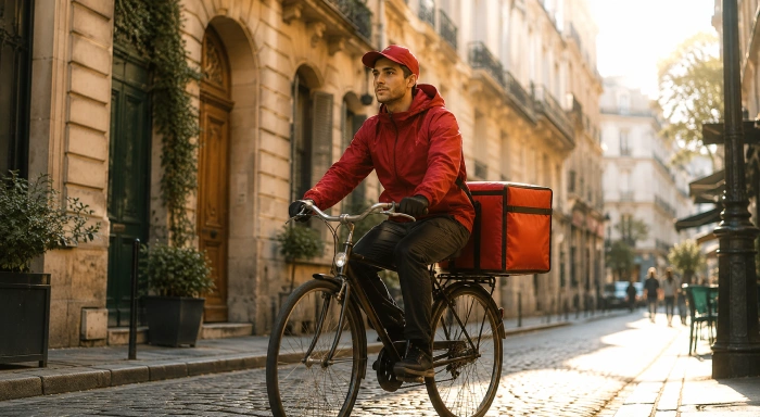 海外の街並みを自転車で走りながら宅配をしている男性を描いたおしゃれな配達シーン