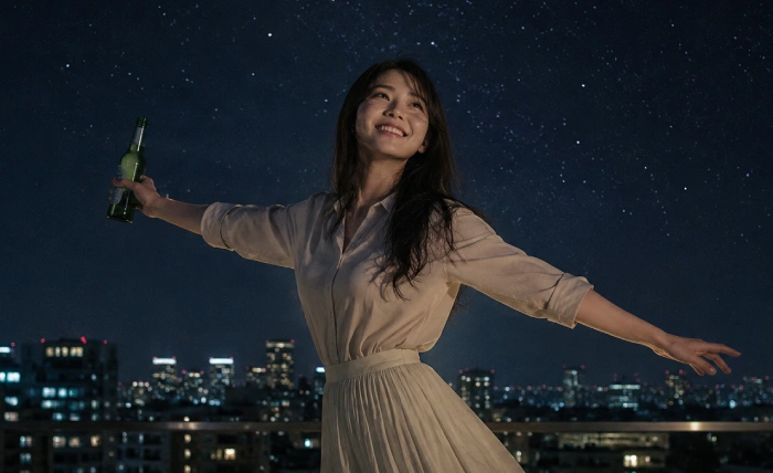 星空の見える夜の屋上で笑顔を浮かべながら開放的な時間を過ごす女性のシネマティックな風景