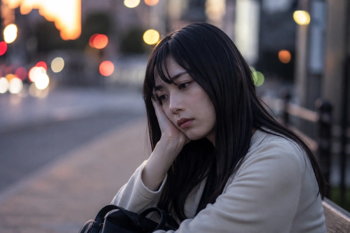 夕方の街で誰かを待ち続けて疲れた表情を見せる若い女性