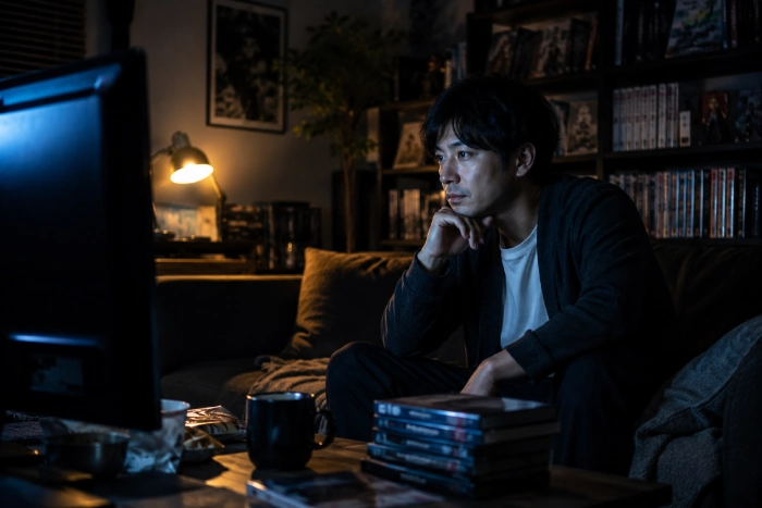 深夜の部屋で完結済みアニメに没入している30代男性の趣味空間